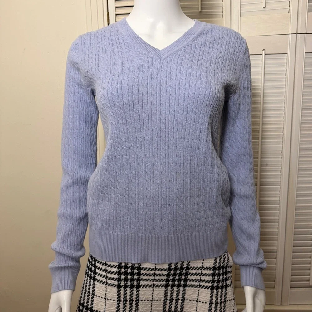 Tommy Hilfiger Womens Light‎ Blue Pima Cotton Cable Knit V-Neck Sweater Size L